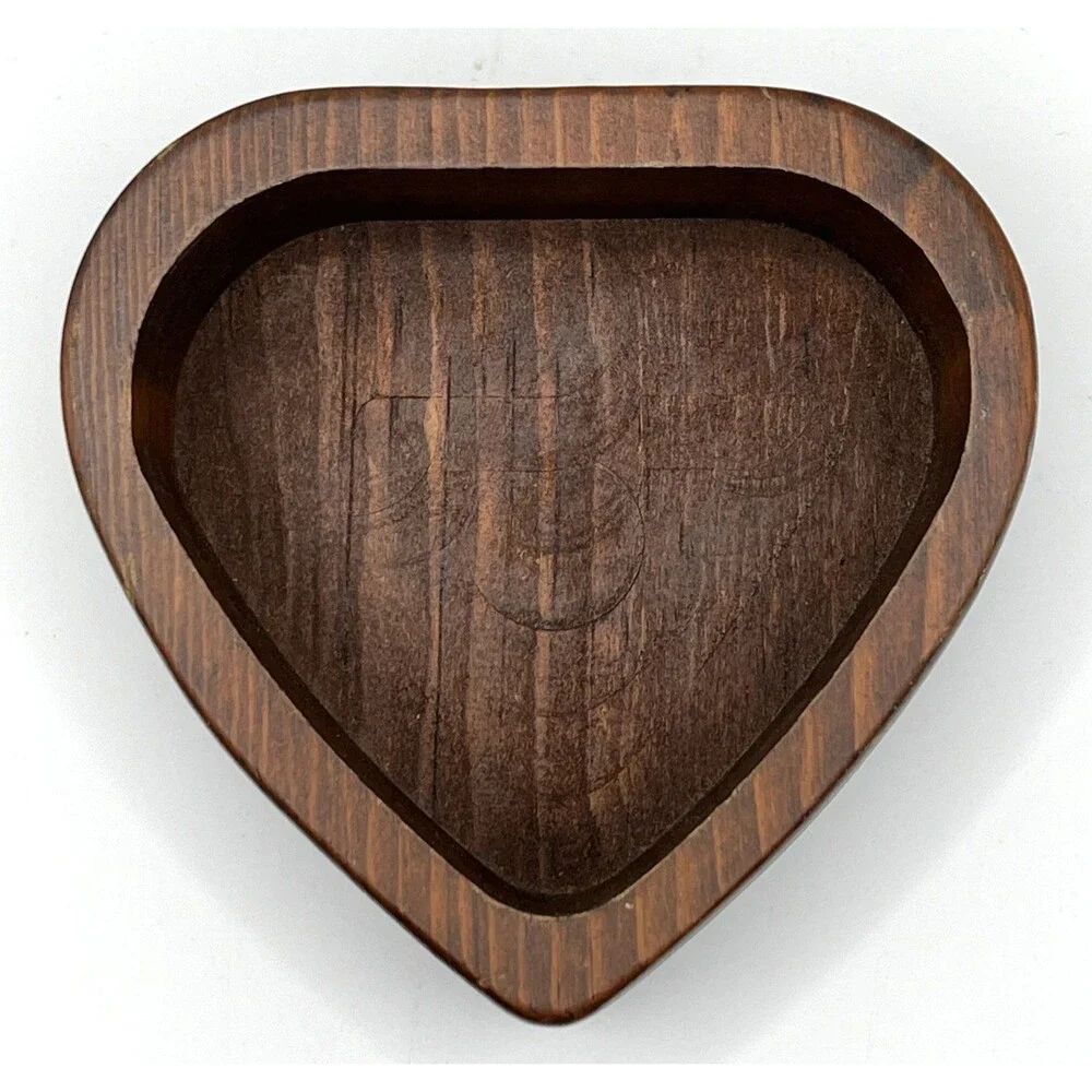 Vintage Handmade Carved Wood Heart-Shaped Trinket Jewelry Box Rustic